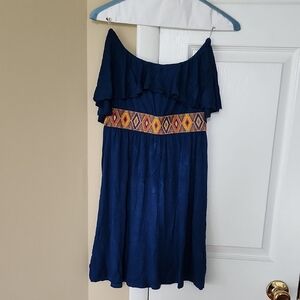 Tyche Blue and Brown Ruffled Off-the-Shoulder Sundress, Small